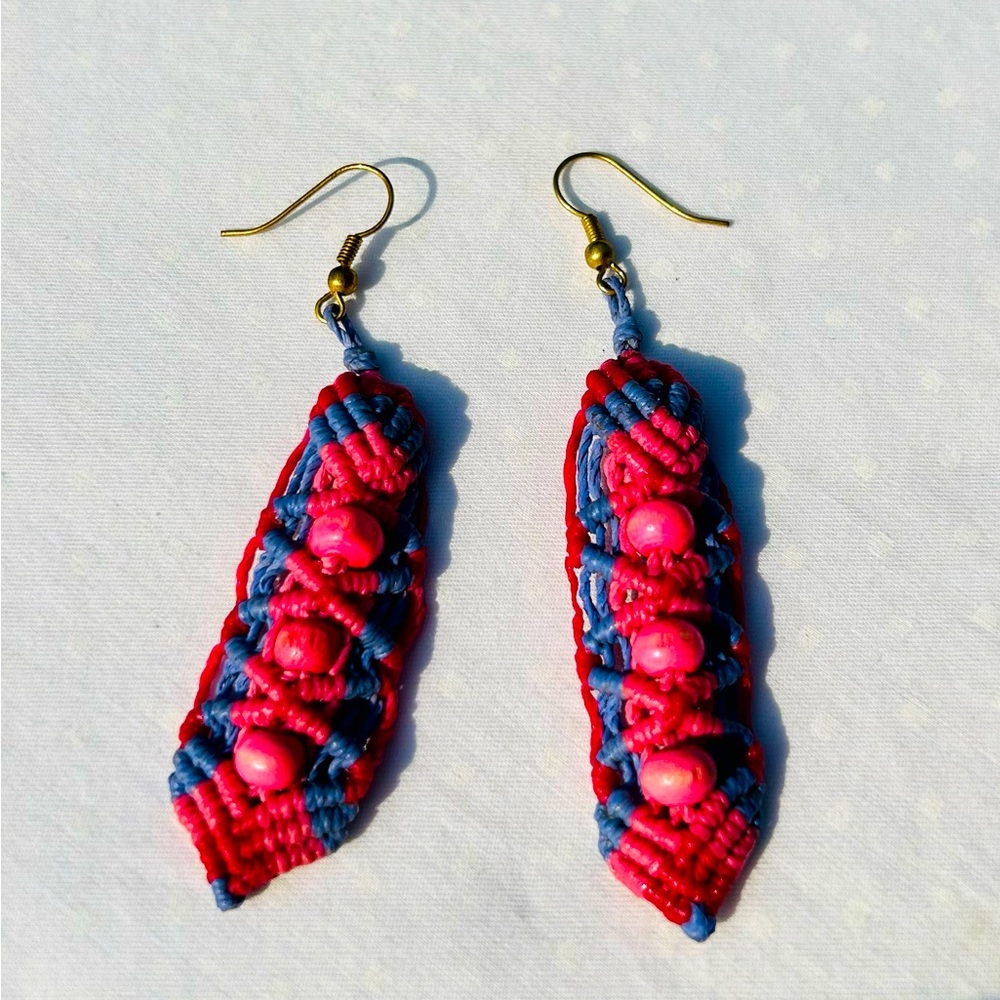 Hot Pink Earrings Macrame Handcrafted Wood Bead Made In Patagonia One Of a Kind